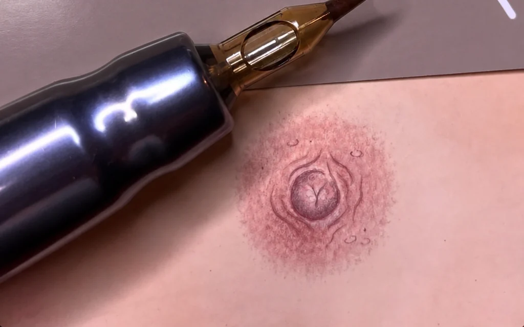 Eksempel på areolatatovering på syntetisk øvingshud med tatoveringsmaskin
